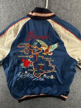 VTG Sukajan Hawaii Reversible Bomber Jacket Blue Zip Up Dragon Embroidered Rare